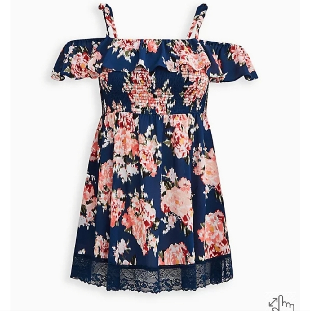 🆕️👗🩱BLUE FLORAL RUFFLE LACE TRIM SWIM COVERUP DRESS🩱👗 - Picture 5 of 7